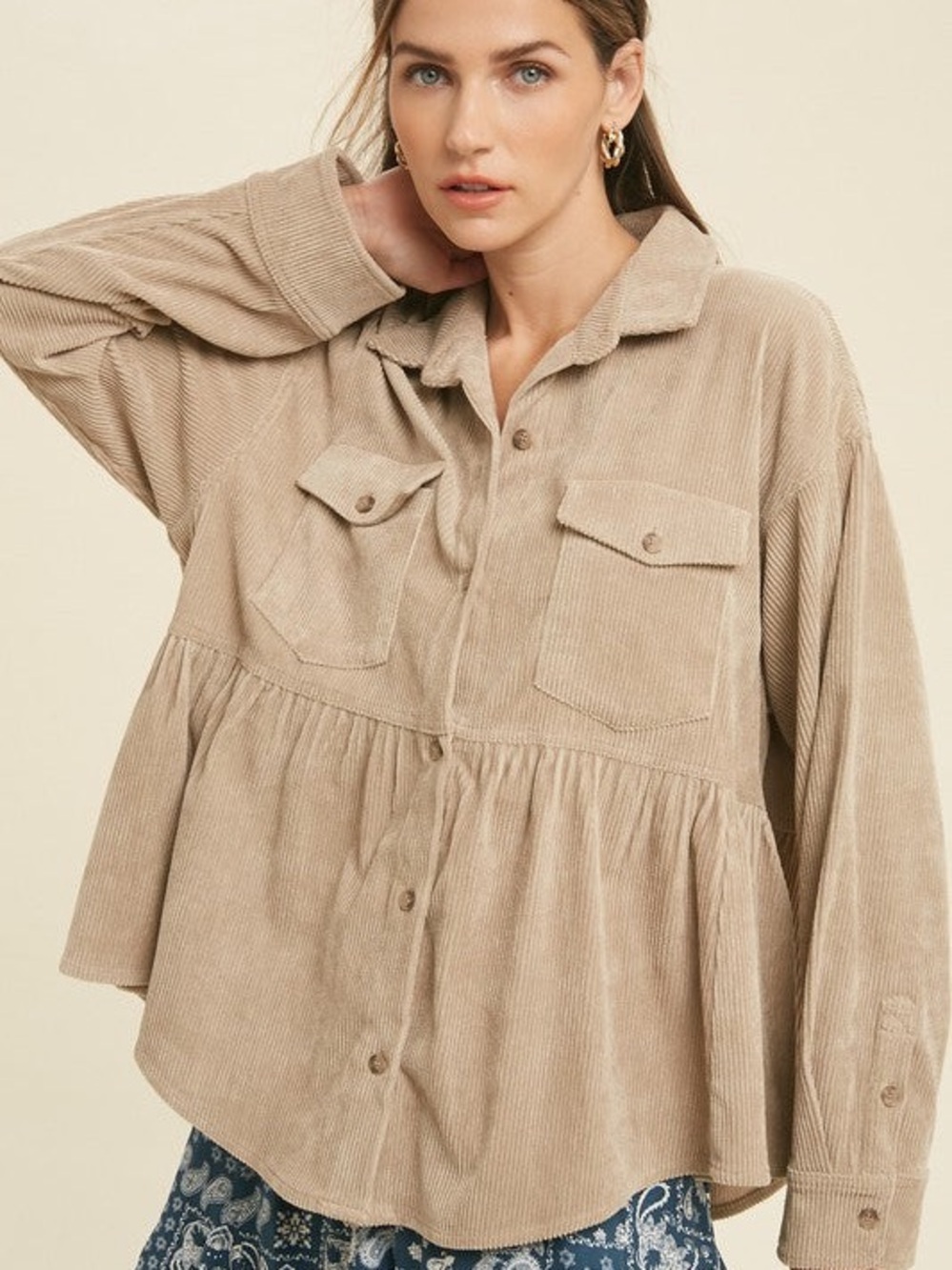 Beige Corduroy Button-Up Peplum Shacket